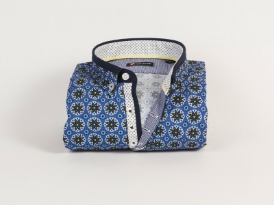 Cămaşă bărbaţi Croi tip Slim Fit cu Guler button-down cu un nasture Popeline Albastră cu imprimeu colorat